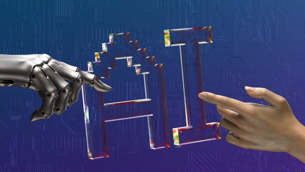Robot hand and human hand reaching toward an AI interface, illustrating AI SDR tools augmenting human sales reps rather than replacing them