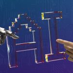 Robot hand and human hand reaching toward an AI interface, illustrating AI SDR tools augmenting human sales reps rather than replacing them