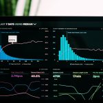 A laptop screen displaying line and bar graphs of performance analytics, standing in for a LinkedIn Social Selling Index score dashboard.