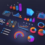A dark navy surface arranged with colorful 3D chart shapes: a row of ranked bars numbered one to four, a line graph trending upward, several donut and pie charts, sliders, a segmented pyramid and a rainbow gauge, beside a bracketed label reading Data Analytics.