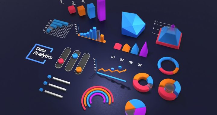 A dark navy surface arranged with colorful 3D chart shapes: a row of ranked bars numbered one to four, a line graph trending upward, several donut and pie charts, sliders, a segmented pyramid and a rainbow gauge, beside a bracketed label reading Data Analytics.