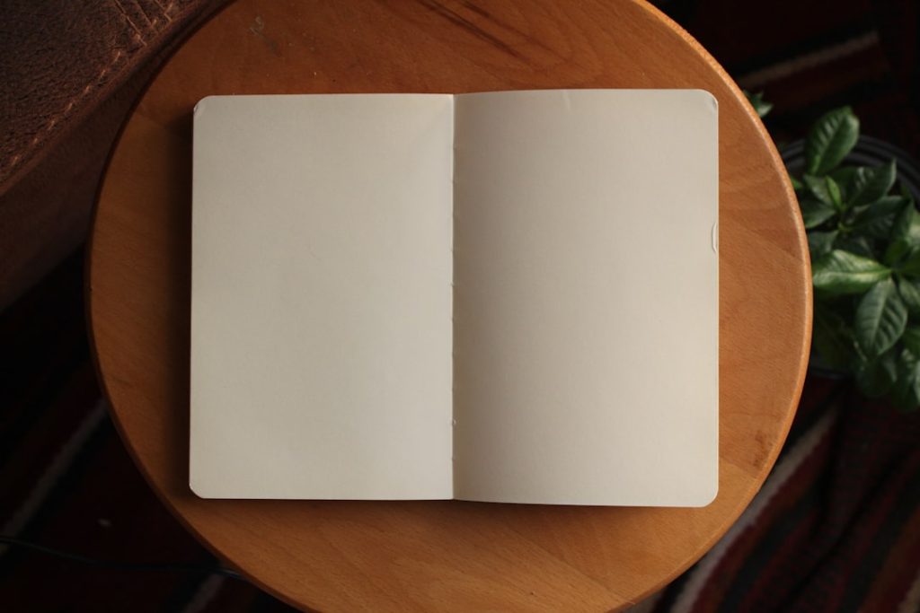 An open notebook with two blank facing pages lying on a round pale wooden table, photographed from above, with a small green leafy plant at the right edge and a dark patterned rug and brown leather chair arm in the background.