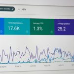 Close-up of a website analytics screen showing total clicks, impressions, average click-through rate and position tiles above a six-month line chart of traffic