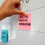 A hand pressing a pink sticky note reading "Social Media Marketing" onto a whiteboard planning grid, with a blue "Fun Fact" note below it.